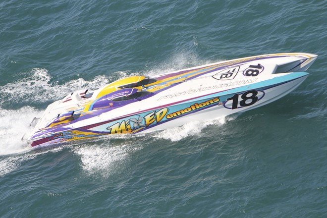 'Mixed Emotions',  with Frtiz Eigelshoven at the wheel and Neil Wobbe on throttles gave a good account of itself, but could only manage 3rd place in Superboat Unlimited. © Rodrick Cox